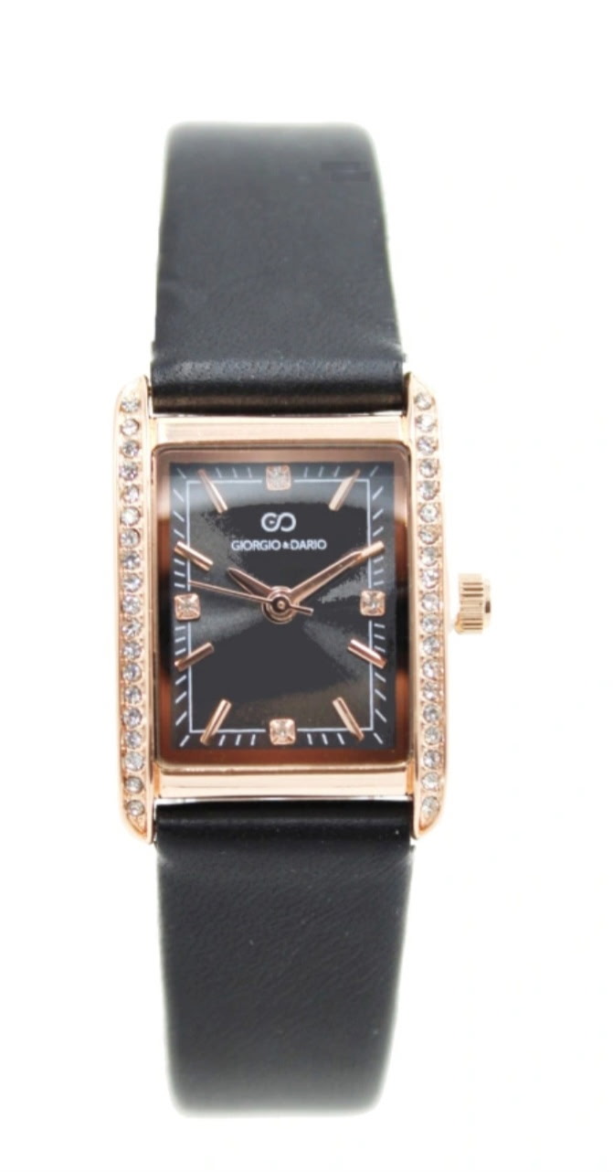 Montre rectangulaire dorée bracelet cuir noir