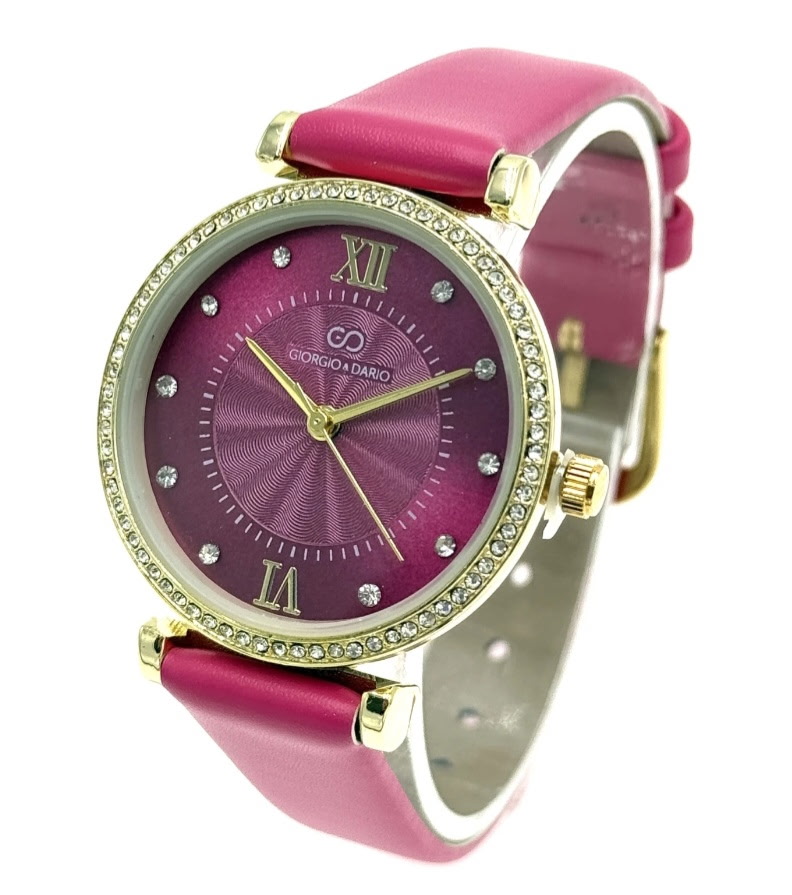 Montre dorée ronde cadran magenta