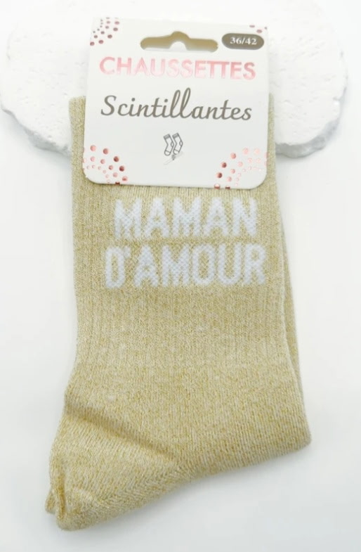 Chaussettes scintillantes dorées Maman d'Amour