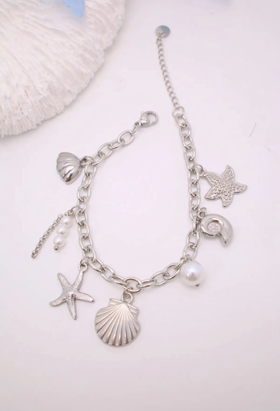 Bracelet argenté étoile de mer et coquillages
